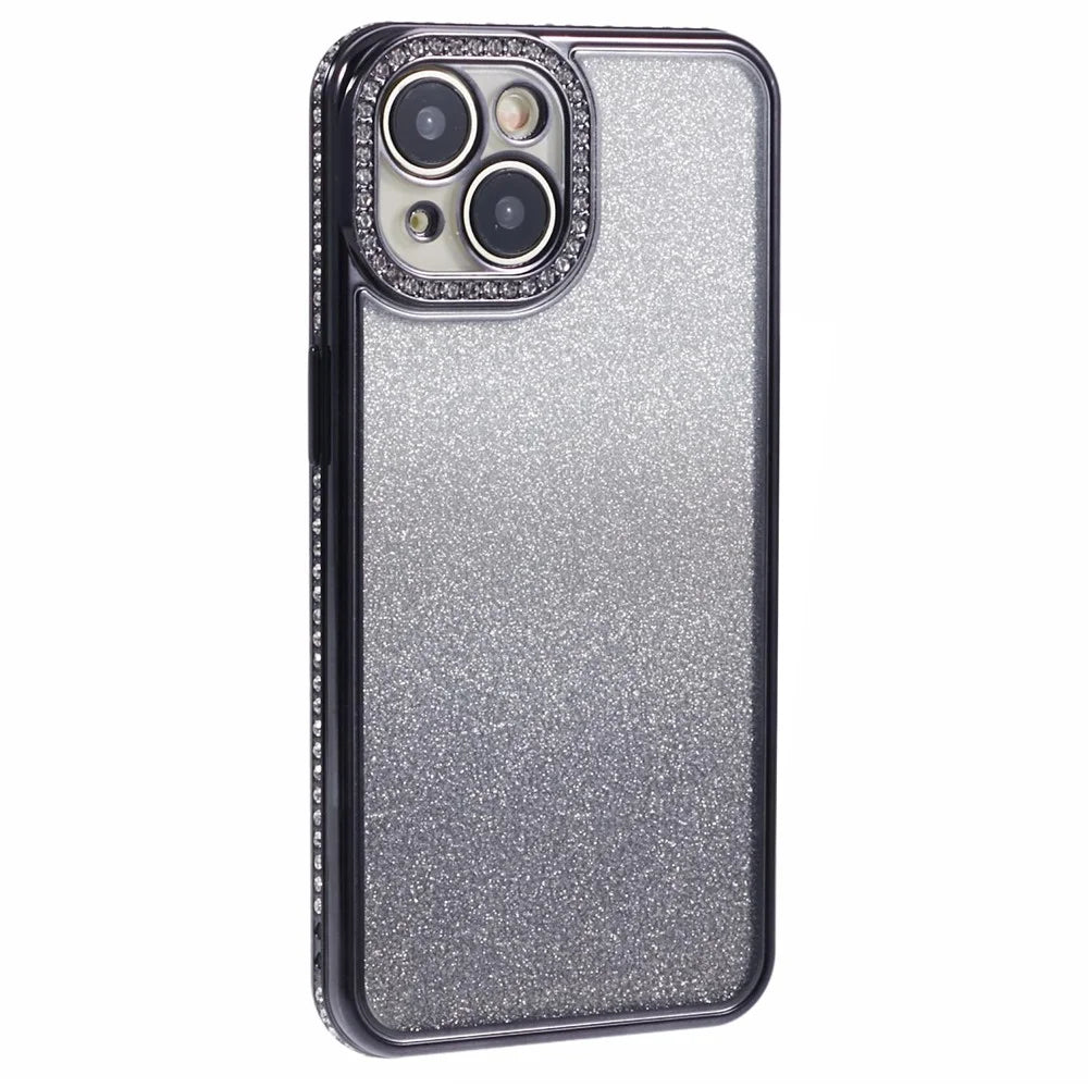For iPhone 14 Case Camera Protection Glitter Rhinestone Decor Gradient TPU Phone Cover - Black - 3