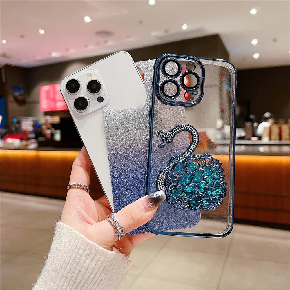 For iPhone 13 Pro Max 6.7 inch Case Quicksand Swan Glitter Phone Cover with Glass Lens Film - Blue - 4