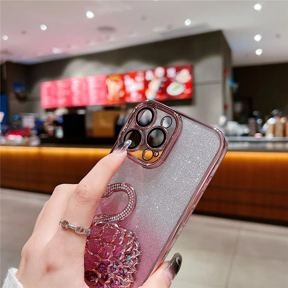 For iPhone 13 Pro Max 6.7 inch Case Quicksand Swan Glitter Phone Cover with Glass Lens Film - Blue - 5