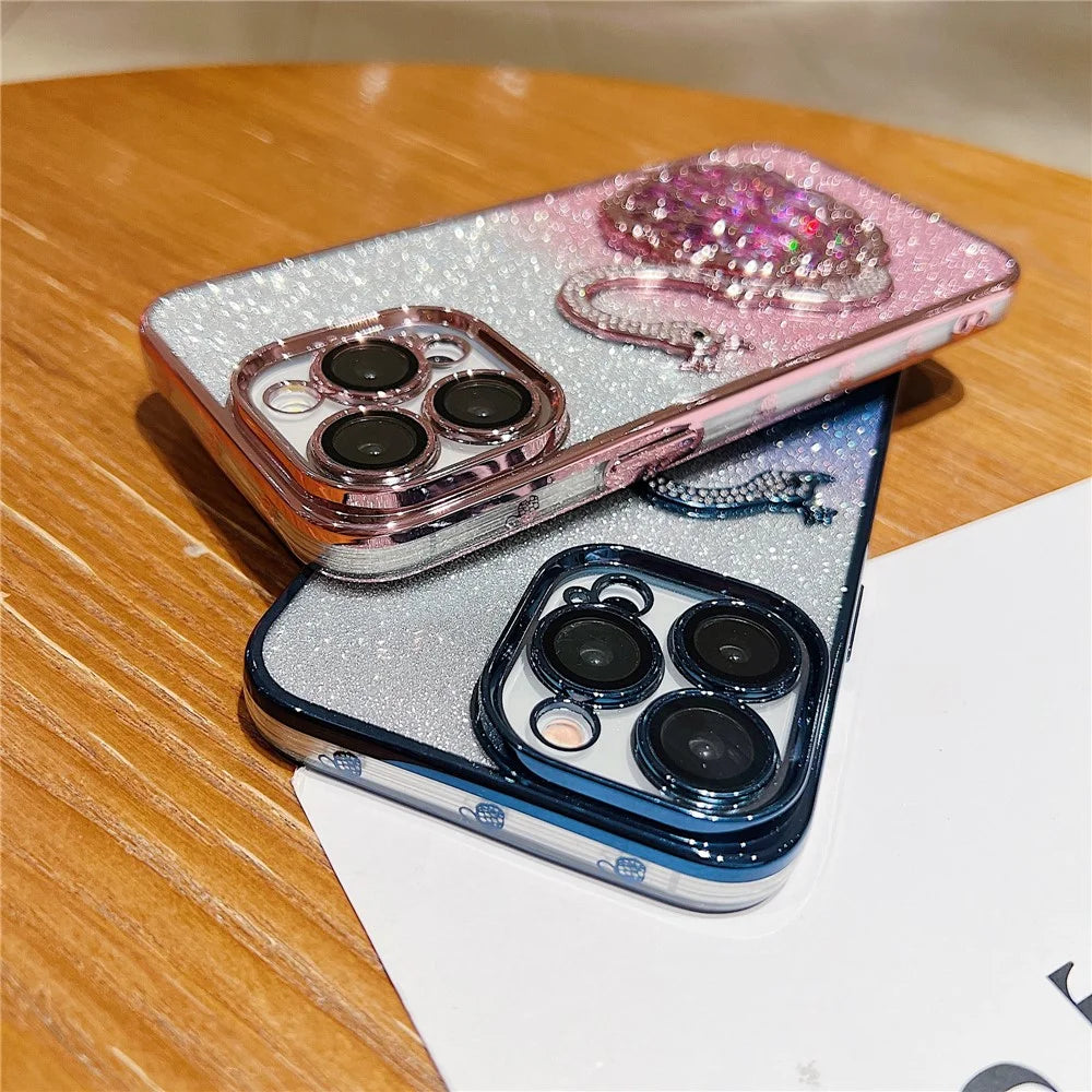 For iPhone 13 Pro Max 6.7 inch Case Quicksand Swan Glitter Phone Cover with Glass Lens Film - Blue - 7