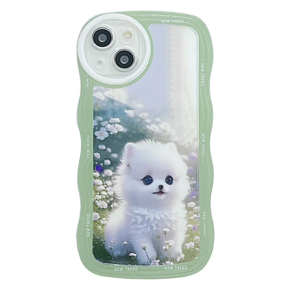 For iPhone 15 Case Curly Wave Frame Pattern Printed TPU Phone Cover - Dog - 1