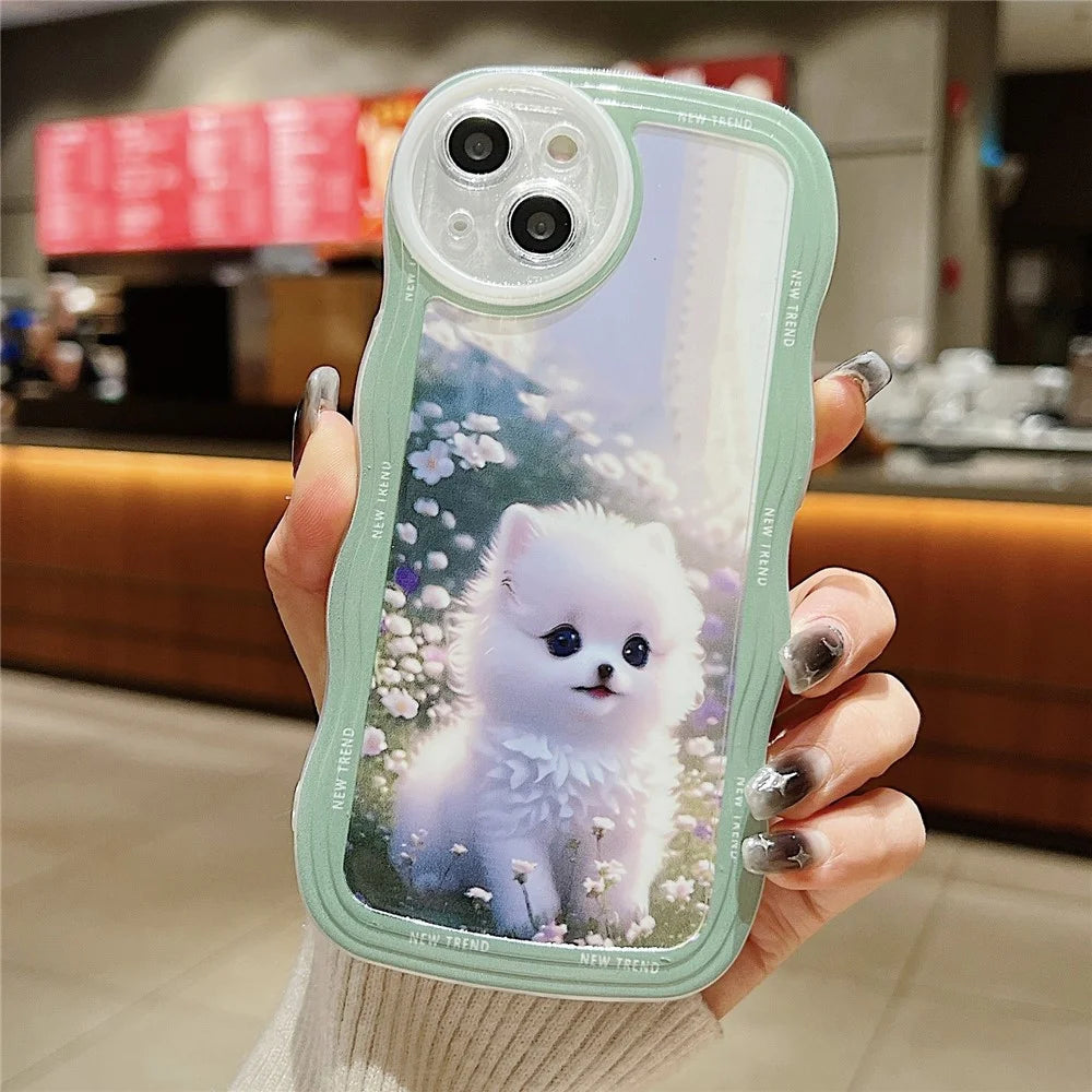For iPhone 15 Case Curly Wave Frame Pattern Printed TPU Phone Cover - Dog - 2