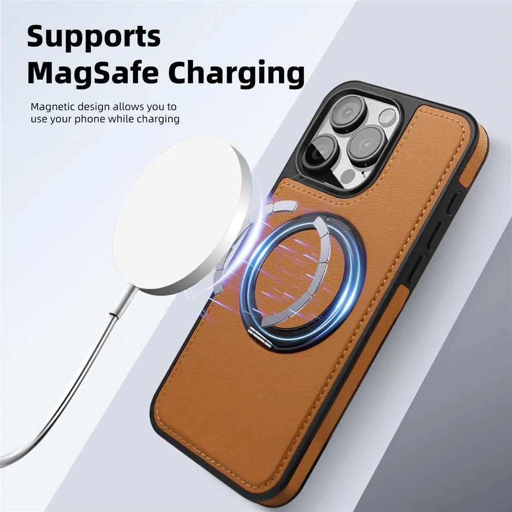 For iPhone 14 Pro Case with Ring Kickstand Compatible with MagSafe PU Leather Back Cover - Black - 5