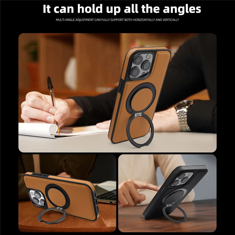 For iPhone 14 Pro Case with Ring Kickstand Compatible with MagSafe PU Leather Back Cover - Black - 7