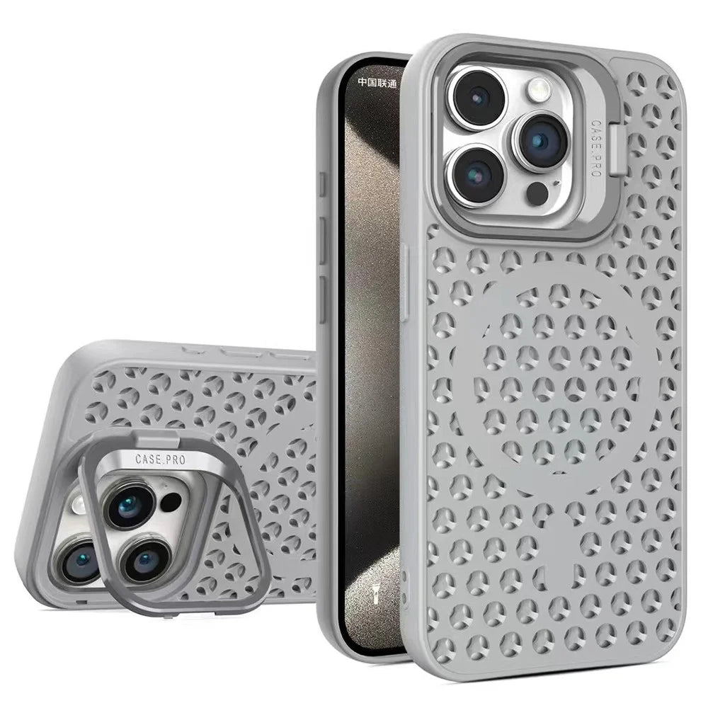 For iPhone 14 Pro Magnetic Case Anti-Drop Lens Kickstand TPU+PC Phone Cover - Grey - 1
