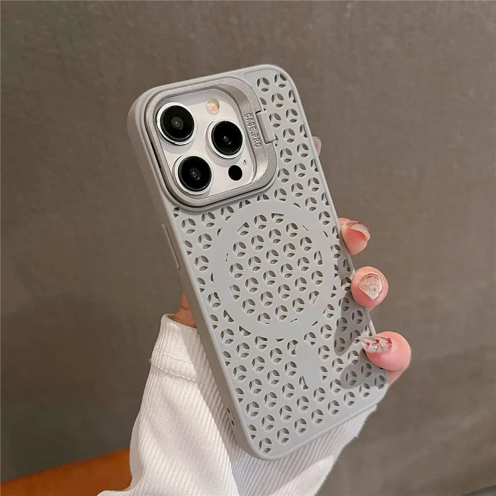 For iPhone 13 Pro 6.1 inch Magnetic Phone Case Breathable TPU+PC Cover with Foldable Lens Kickstand - Grey - 2