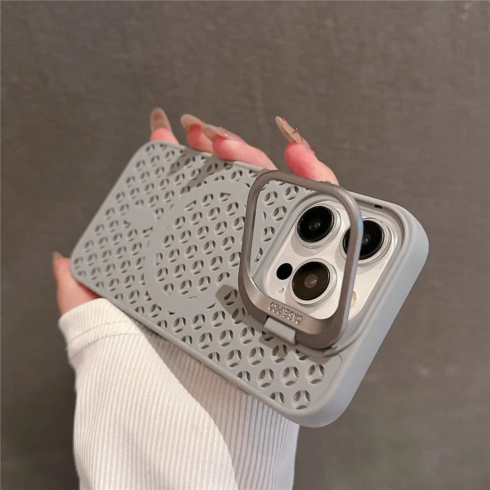 For iPhone 13 Pro Max Case Breathable Magnetic TPU+PC Phone Cover with Foldable Lens Kickstand - Grey - 3