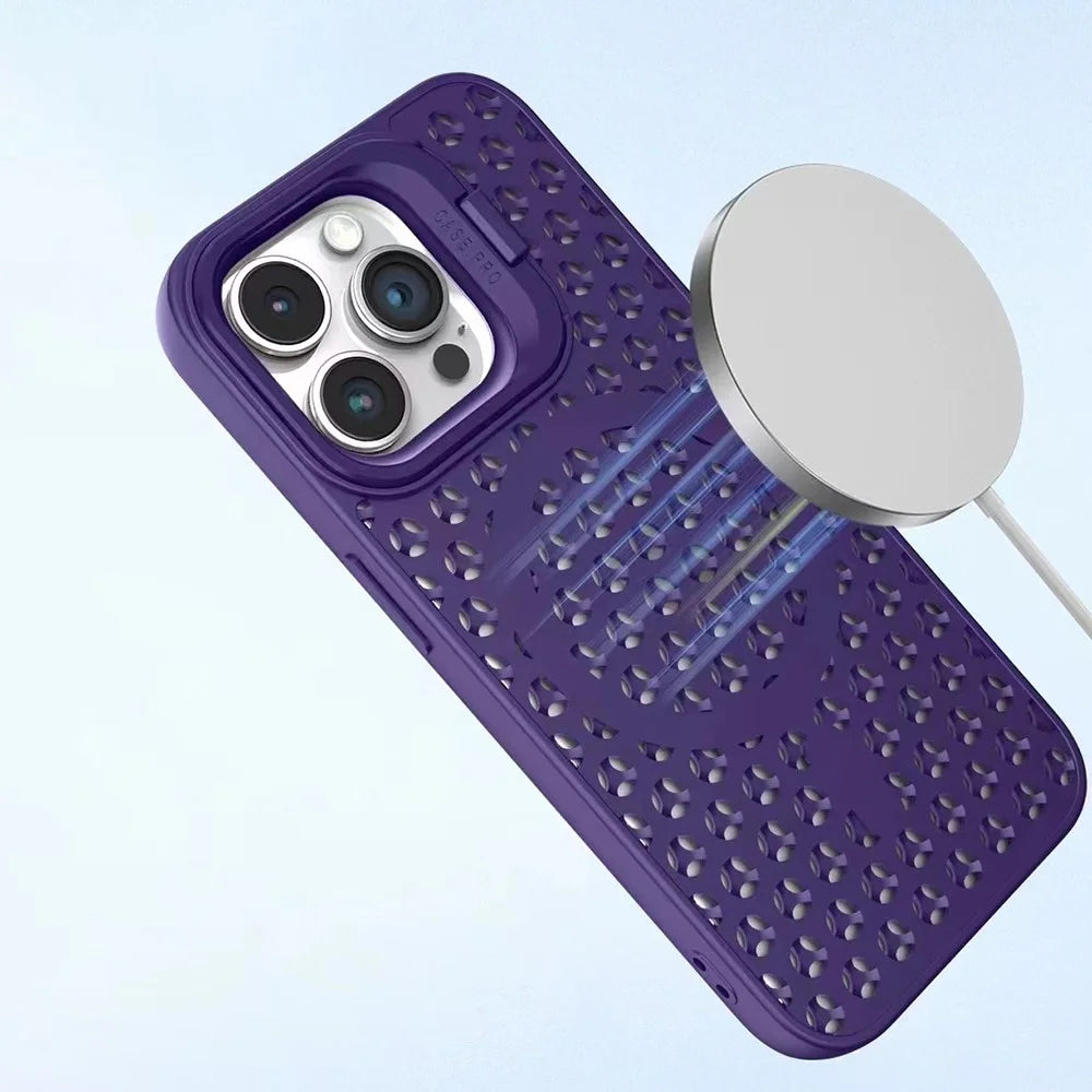 For iPhone 13 Pro Max Case Breathable Magnetic TPU+PC Phone Cover with Foldable Lens Kickstand - Grey - 5