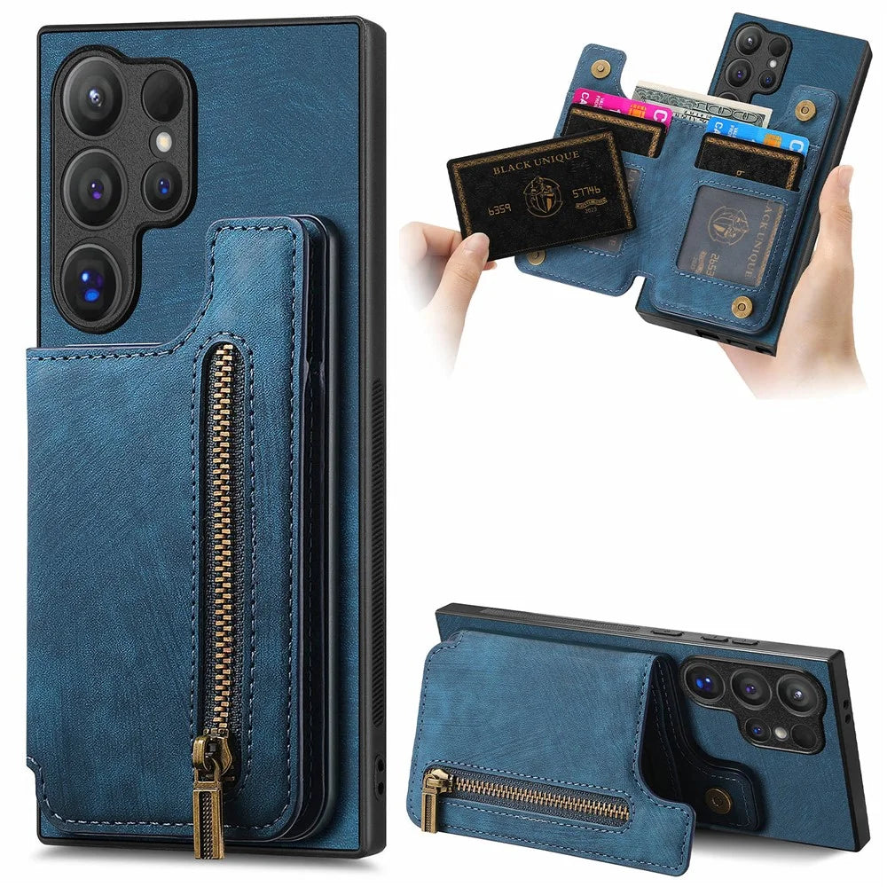 D15 For Samsung Galaxy S24 Ultra Case Card Slot Leather+TPU Zipper Kickstand Retro Phone Cover - Blue - 1