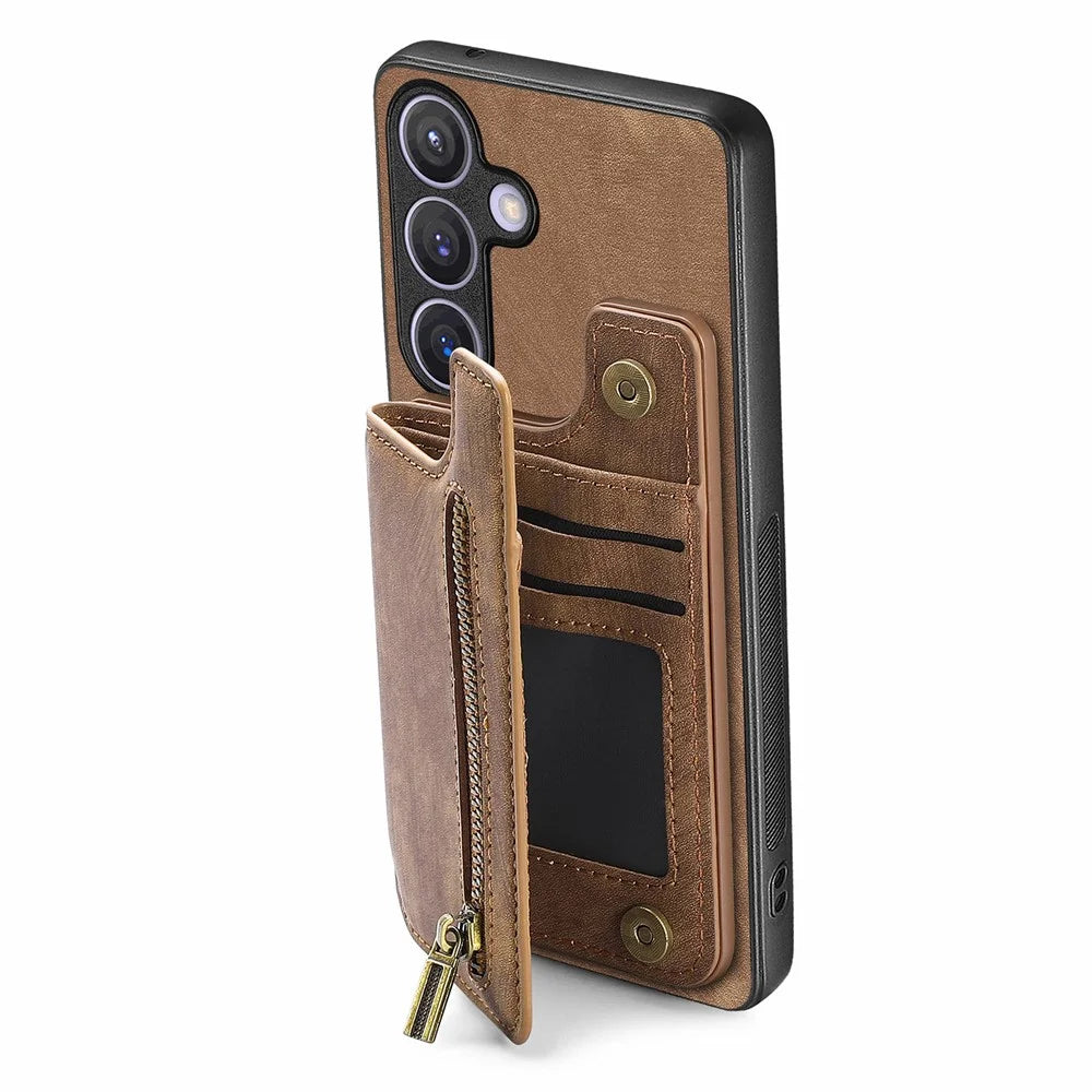 D15 For Samsung Galaxy S24 Wallet Case Retro PU+TPU Anti-scratch Kickstand Phone Shell - Brown - 3