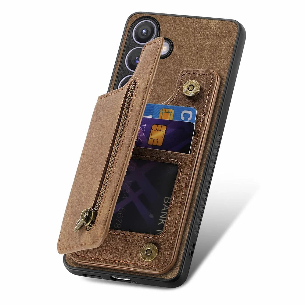 D15 For Samsung Galaxy S24 Wallet Case Retro PU+TPU Anti-scratch Kickstand Phone Shell - Brown - 4