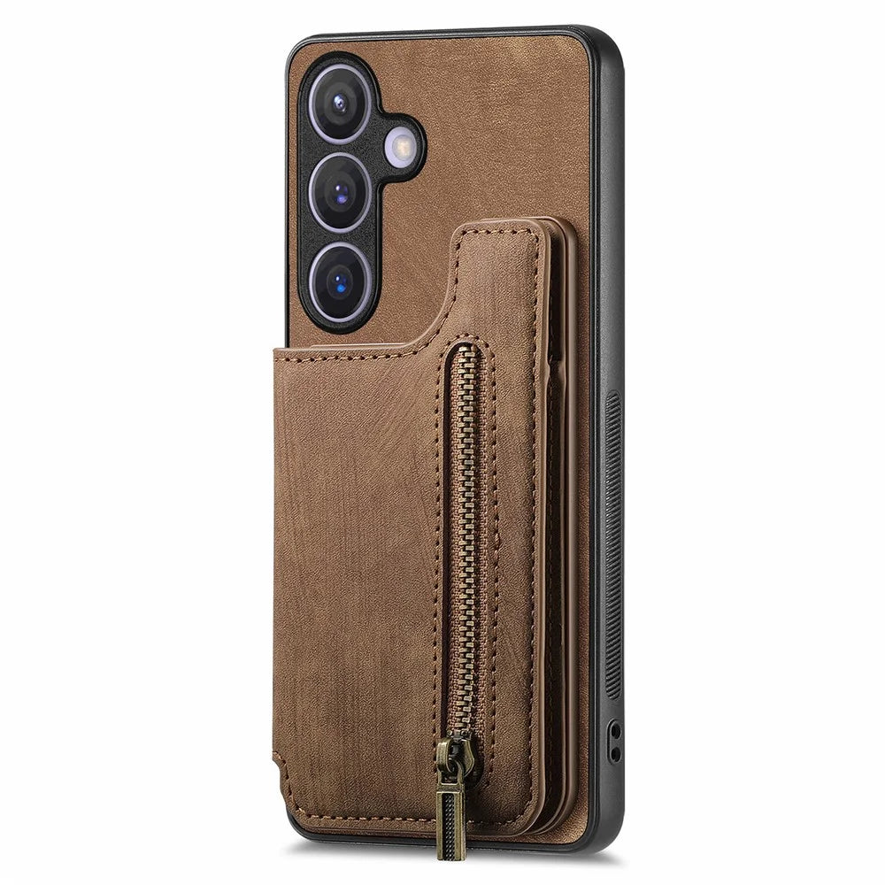 D15 For Samsung Galaxy S24 Wallet Case Retro PU+TPU Anti-scratch Kickstand Phone Shell - Brown - 5