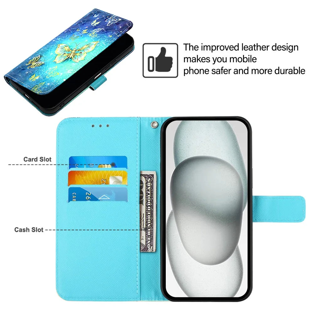 For iPhone 17e / 16e Leather Case Pattern Printing Wallet Stand Mobile Cover with Strap - Golden Butterflies - 2