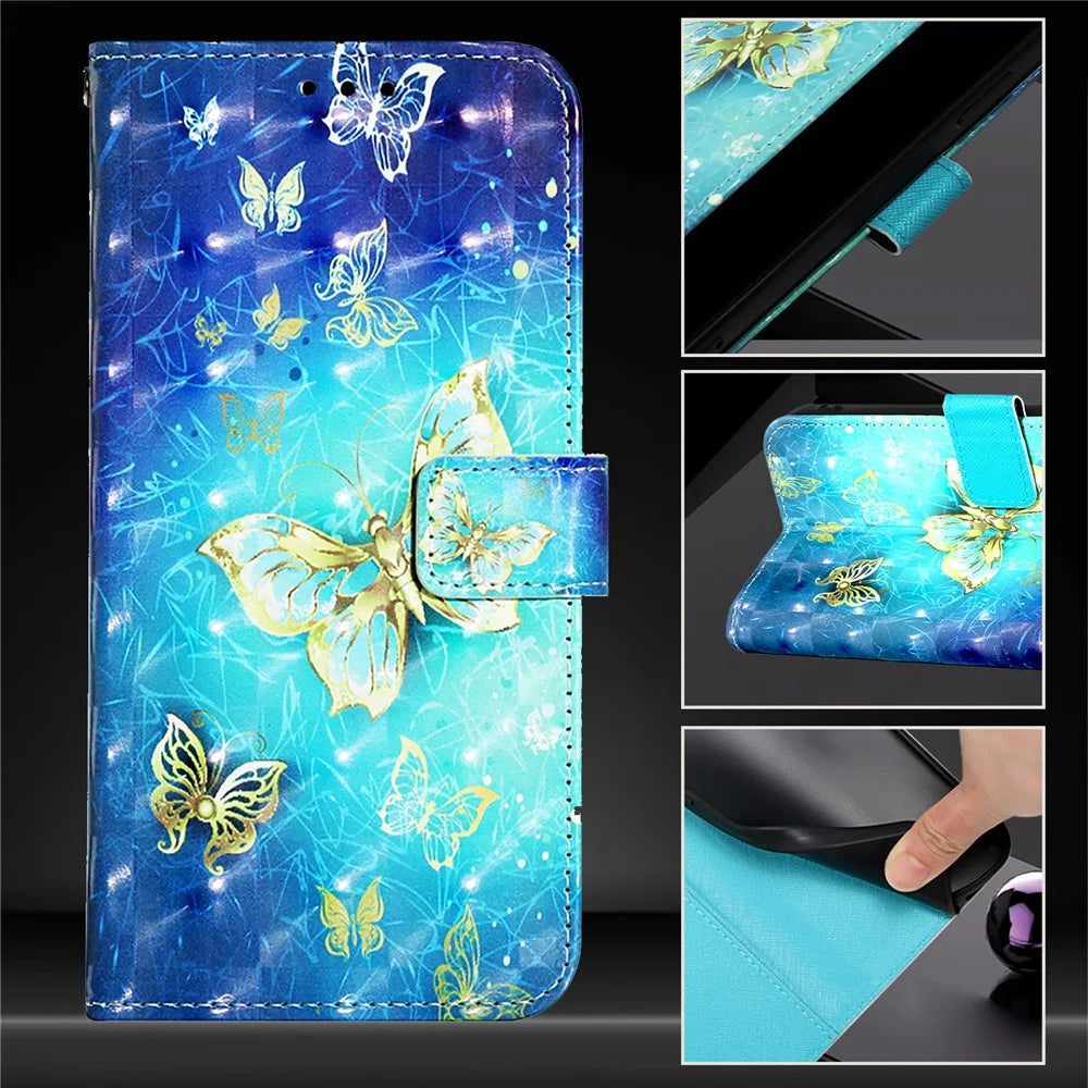 For iPhone 17e / 16e Leather Case Pattern Printing Wallet Stand Mobile Cover with Strap - Golden Butterflies - 6