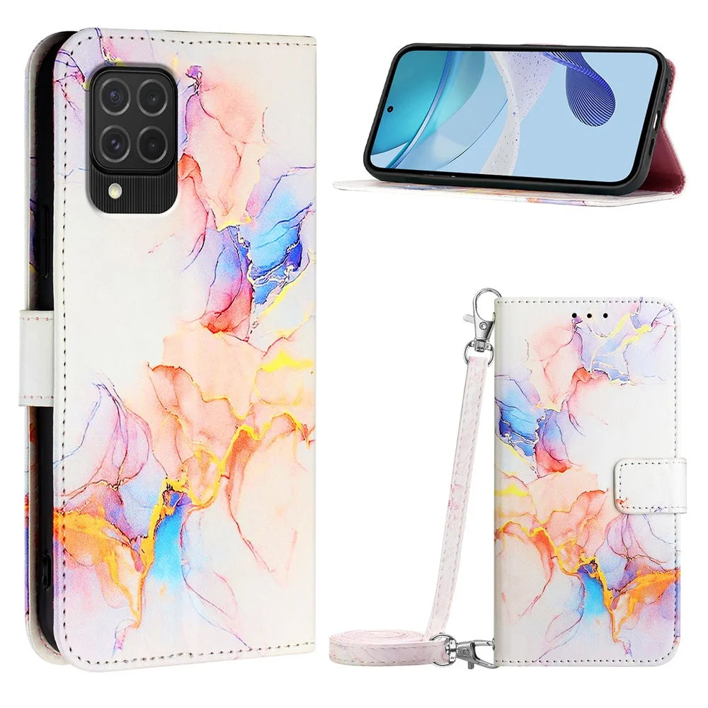 YB Pattern Printing Leather Series-6 For Samsung Galaxy M62 / F62 Case Marble Wallet Flip Crossbody Phone Cover - Milky Way Marble White LS004 - 1