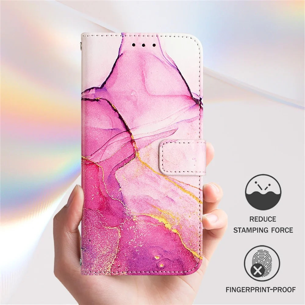 For iPhone 17e / 16e Case with Strap Marble Pattern Leather Phone Cover Card Holder - Pink+Purple+Gold LS001 - 4