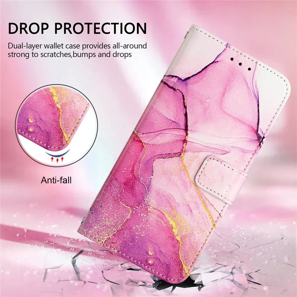 For iPhone 17e / 16e Case with Strap Marble Pattern Leather Phone Cover Card Holder - Pink+Purple+Gold LS001 - 6