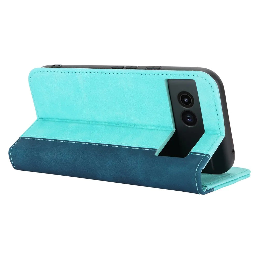 For Google Pixel 8a Case PU Leather Color Splicing Wallet Phone Cover - Light Blue+Dark Blue - 4