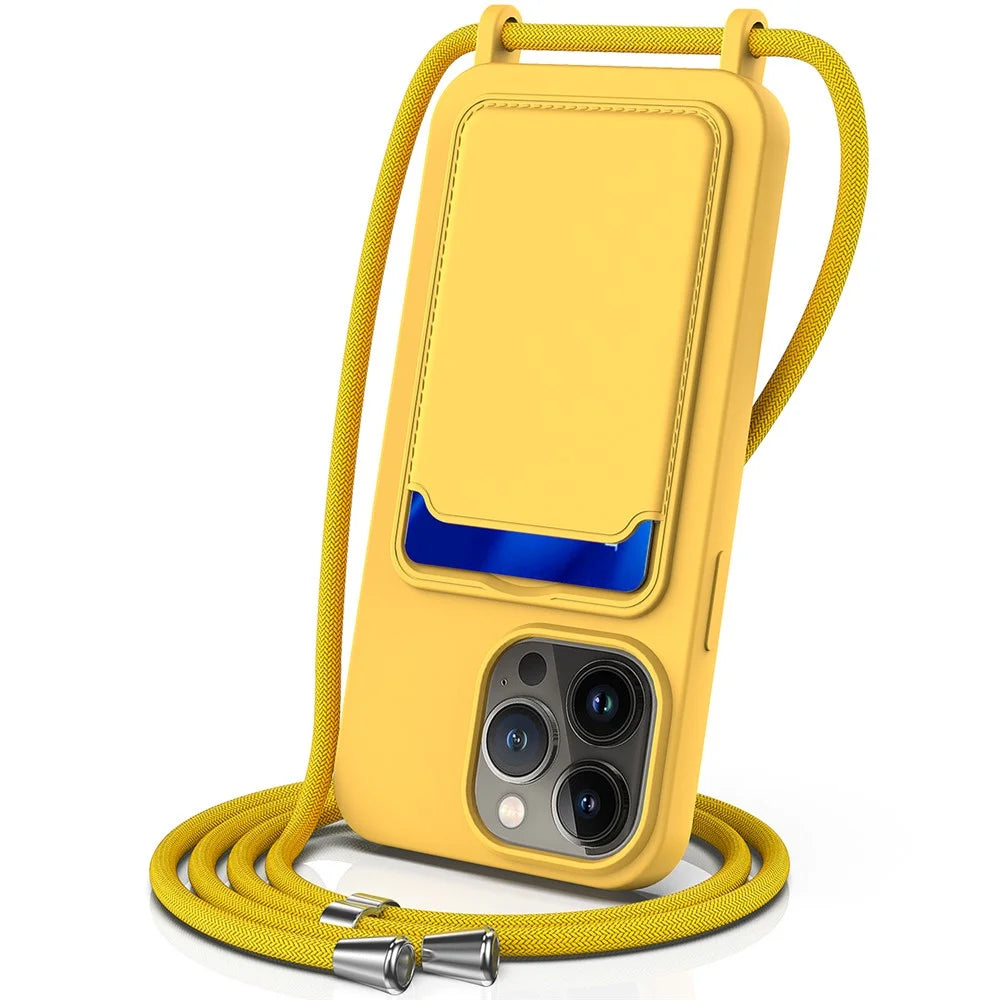 For iPhone 14 Pro Max Case Card Slot Liquid Silicone Phone Shell with Lanyard - Yellow - 1
