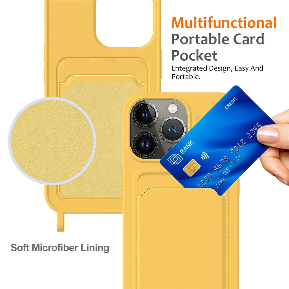 For iPhone 14 Pro Max Case Card Slot Liquid Silicone Phone Shell with Lanyard - Yellow - 5