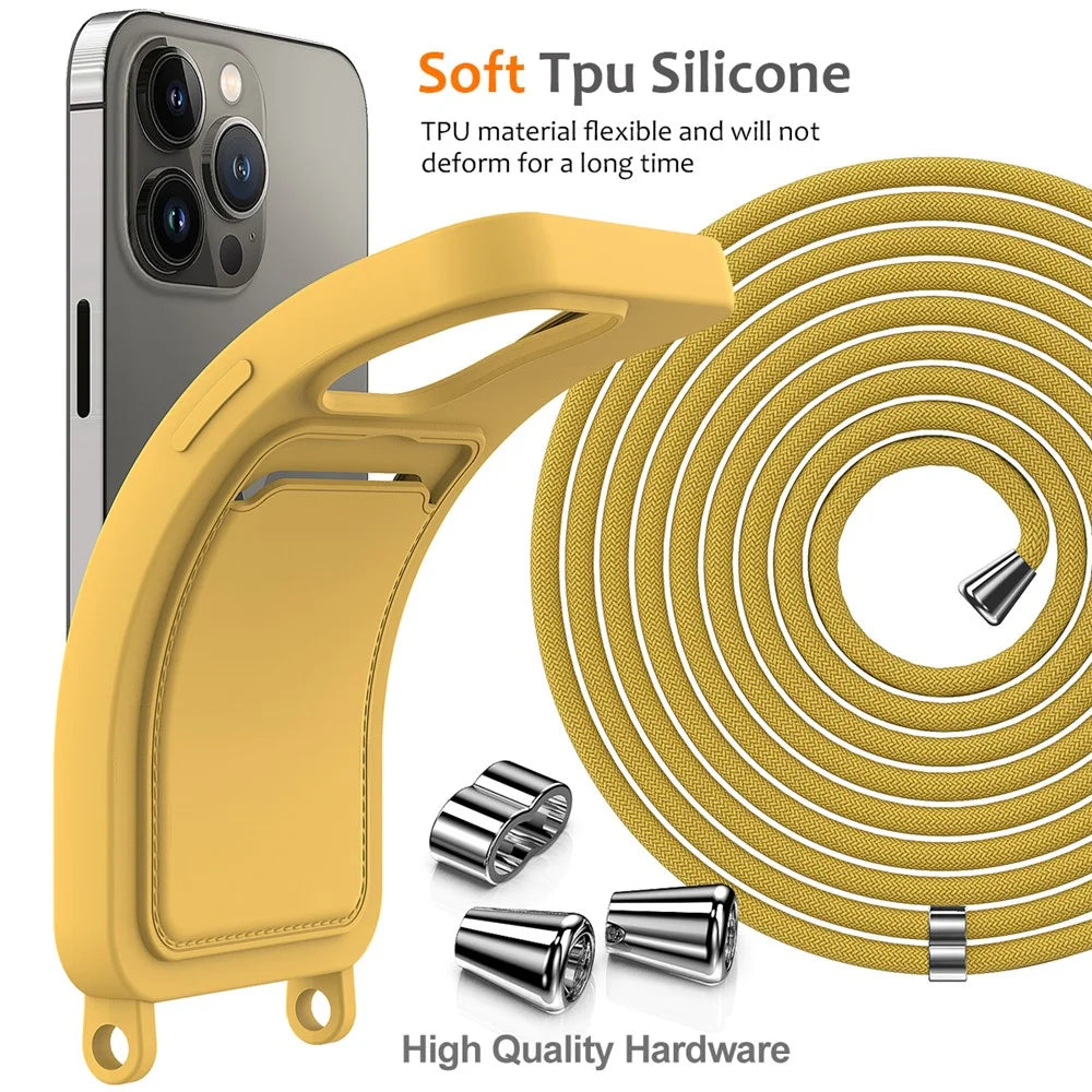 For iPhone 14 Pro Max Case Card Slot Liquid Silicone Phone Shell with Lanyard - Yellow - 7