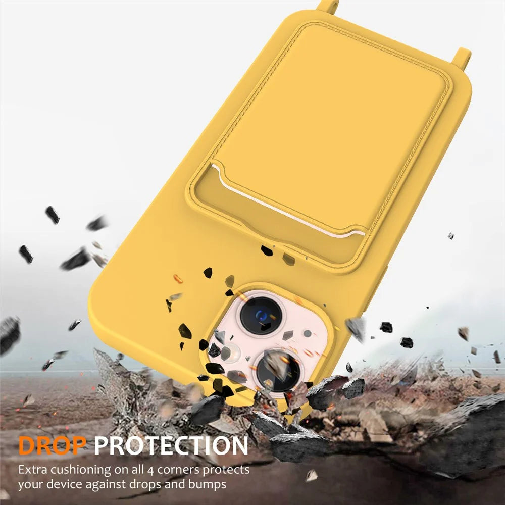 For iPhone 15 Case Card Slot Liquid Silicone Drop-resistant Phone Protector with Long Lanyard - Yellow - 3