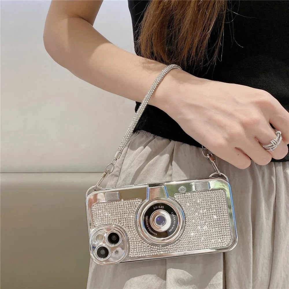 Phone Cases for iPhone 14 Glittery Rhinestone Camera Shaped TPU Phone Cover with Carrying Chain - 2