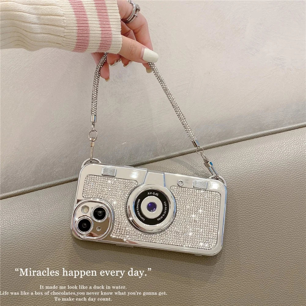 Phone Cases for iPhone 14 Glittery Rhinestone Camera Shaped TPU Phone Cover with Carrying Chain - 3