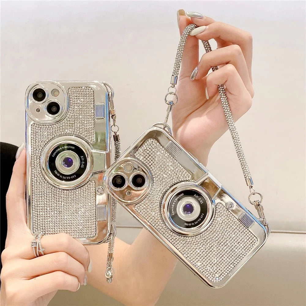 Phone Cases for iPhone 14 Glittery Rhinestone Camera Shaped TPU Phone Cover with Carrying Chain - 7