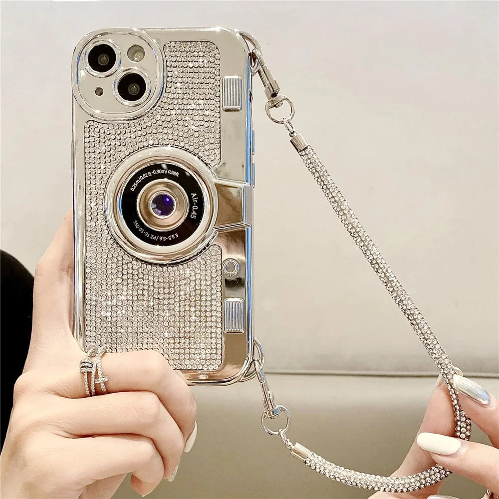 Phone Cases for iPhone 13 Rhinestone Decor Camera Shaped TPU Cover with Carrying Chain - 6