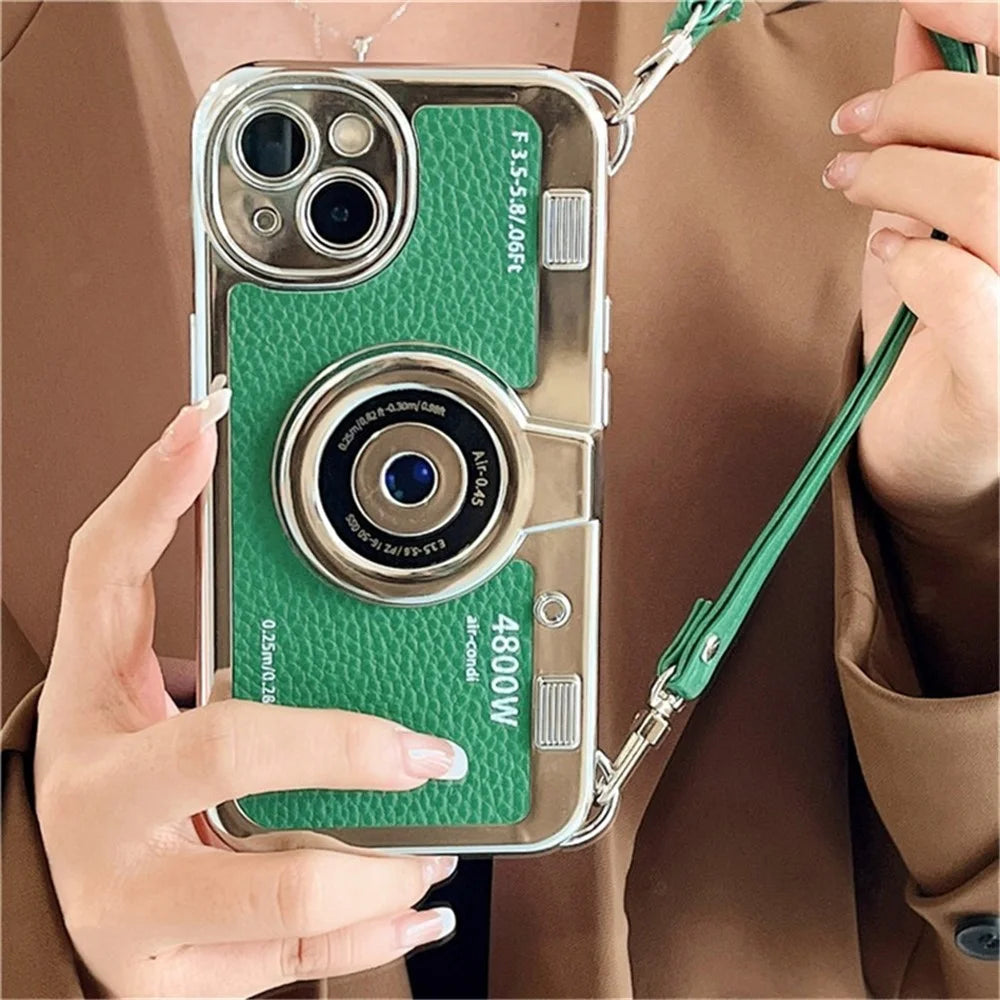 For iPhone 15 Cell Phone Case Camera Design Litchi Texture Leather+TPU Cover with Tote Strap - Green - 1