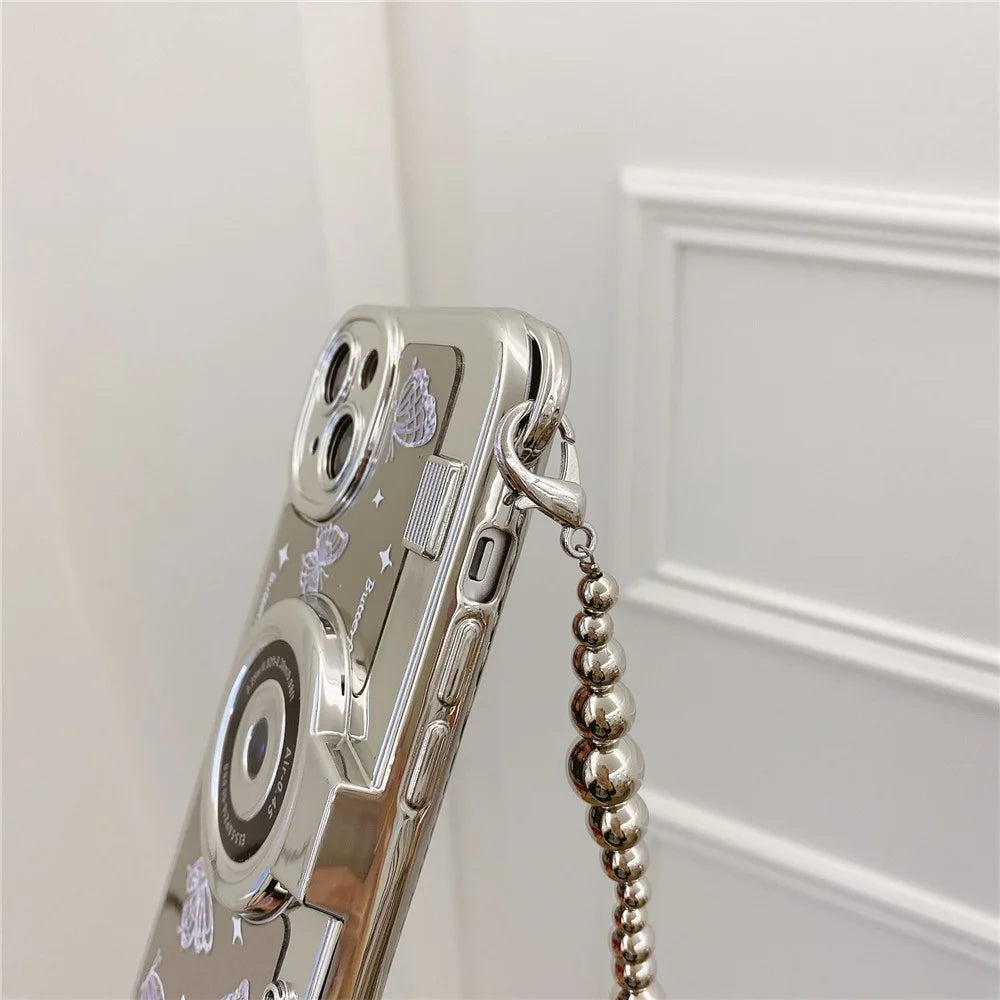 For iPhone 14 Plus   Cases Camera Shaped Electroplating TPU Phone Cover with Wrist Strap - Butterfly - 5