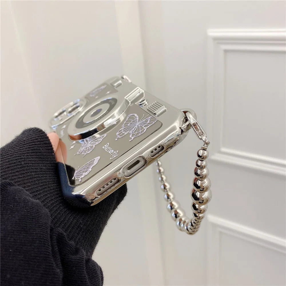 For iPhone 14 Plus   Cases Camera Shaped Electroplating TPU Phone Cover with Wrist Strap - Butterfly - 6