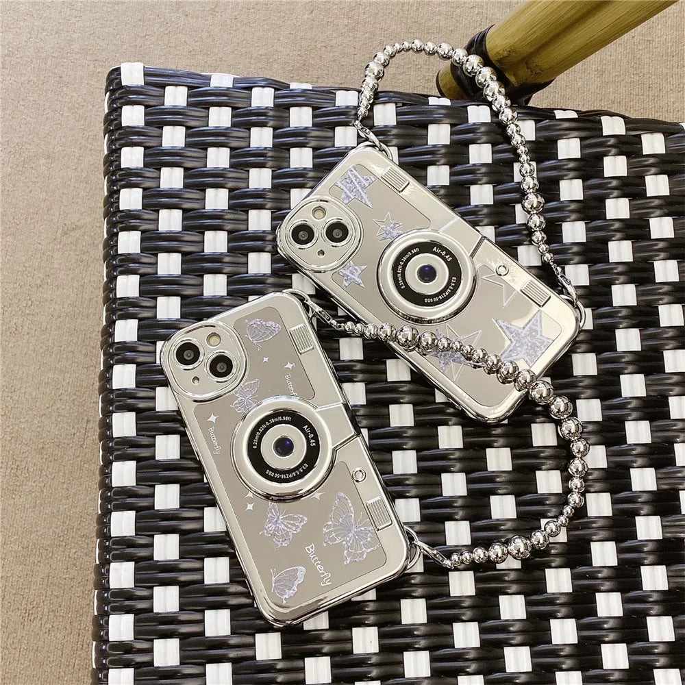 For iPhone 14 Plus   Cases Camera Shaped Electroplating TPU Phone Cover with Wrist Strap - Butterfly - 7