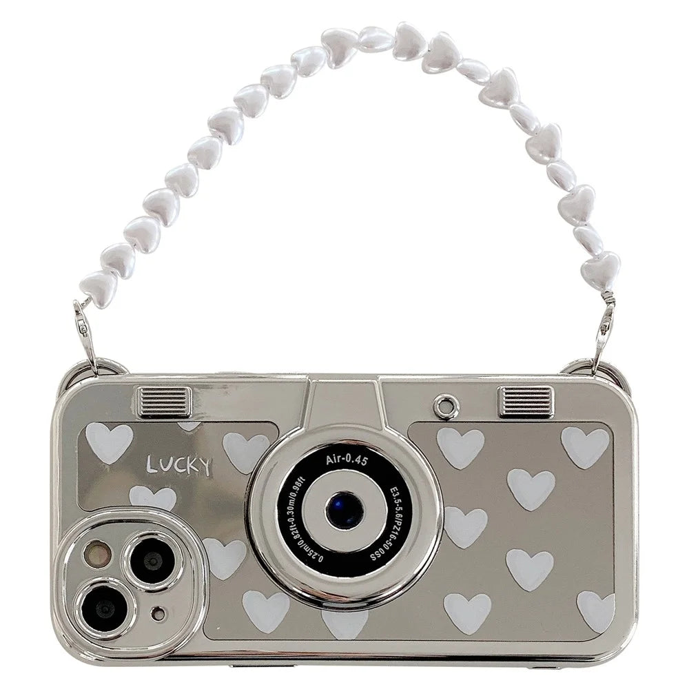 Camera Shaped TPU Cover for iPhone 14 Plus Mirror Surface Electroplating Phone Cases with Bead Strap - Heart - 1