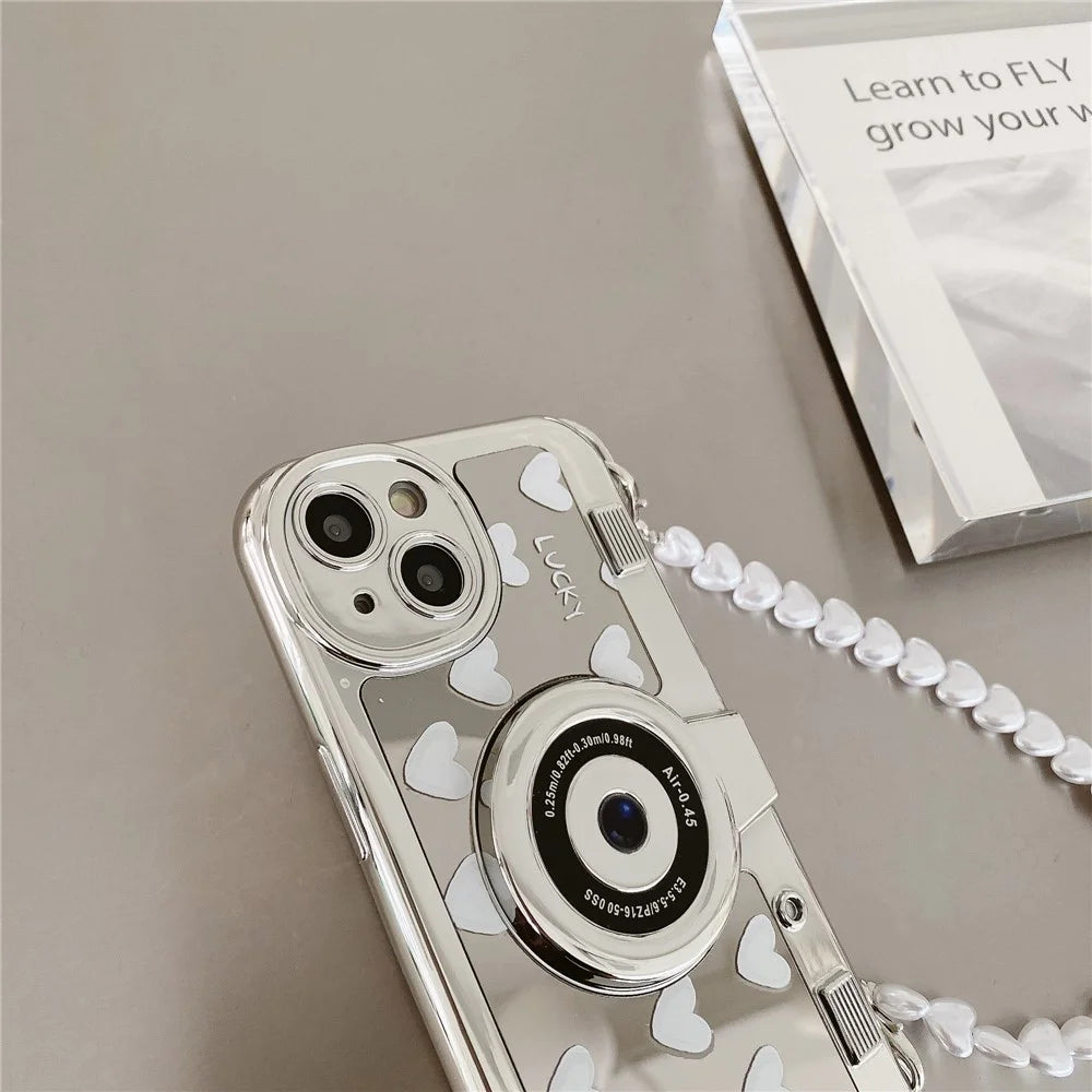 Camera Shaped TPU Cover for iPhone 14 Plus Mirror Surface Electroplating Phone Cases with Bead Strap - Heart - 6