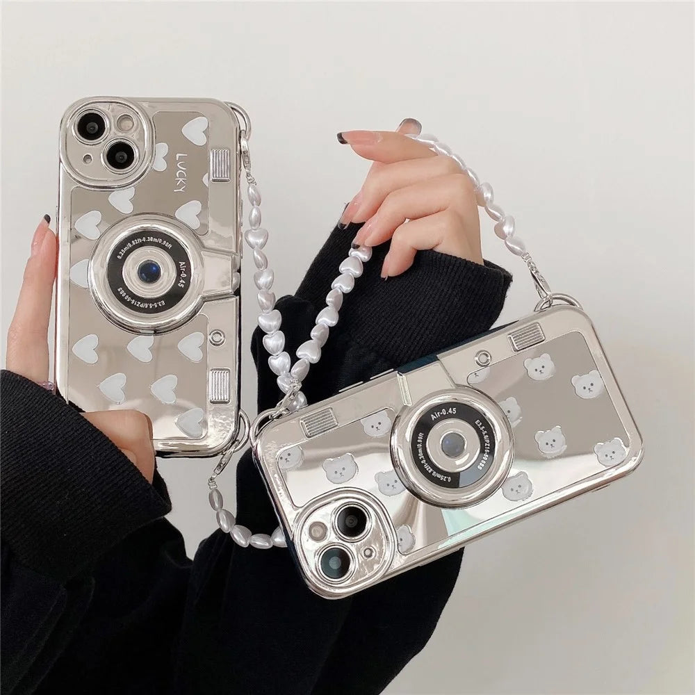 Camera Shaped TPU Cover for iPhone 14 Plus Mirror Surface Electroplating Phone Cases with Bead Strap - Heart - 7