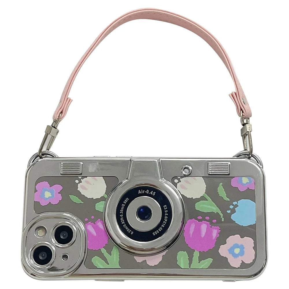 For iPhone 14 Plus Electroplating Cover Flower Pattern Camera Design TPU Phone Case with Tote Strap - Pink Flower - 1