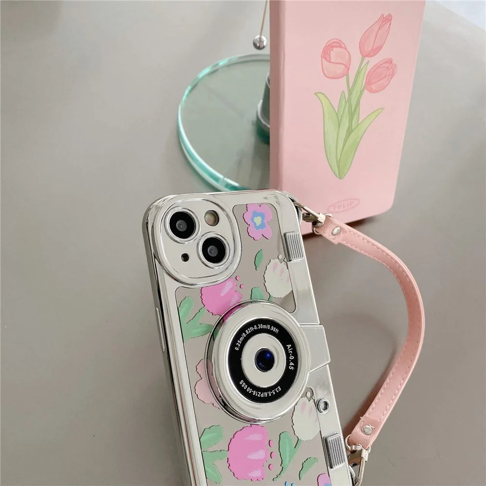 For iPhone 14 Plus Electroplating Cover Flower Pattern Camera Design TPU Phone Case with Tote Strap - Pink Flower - 4