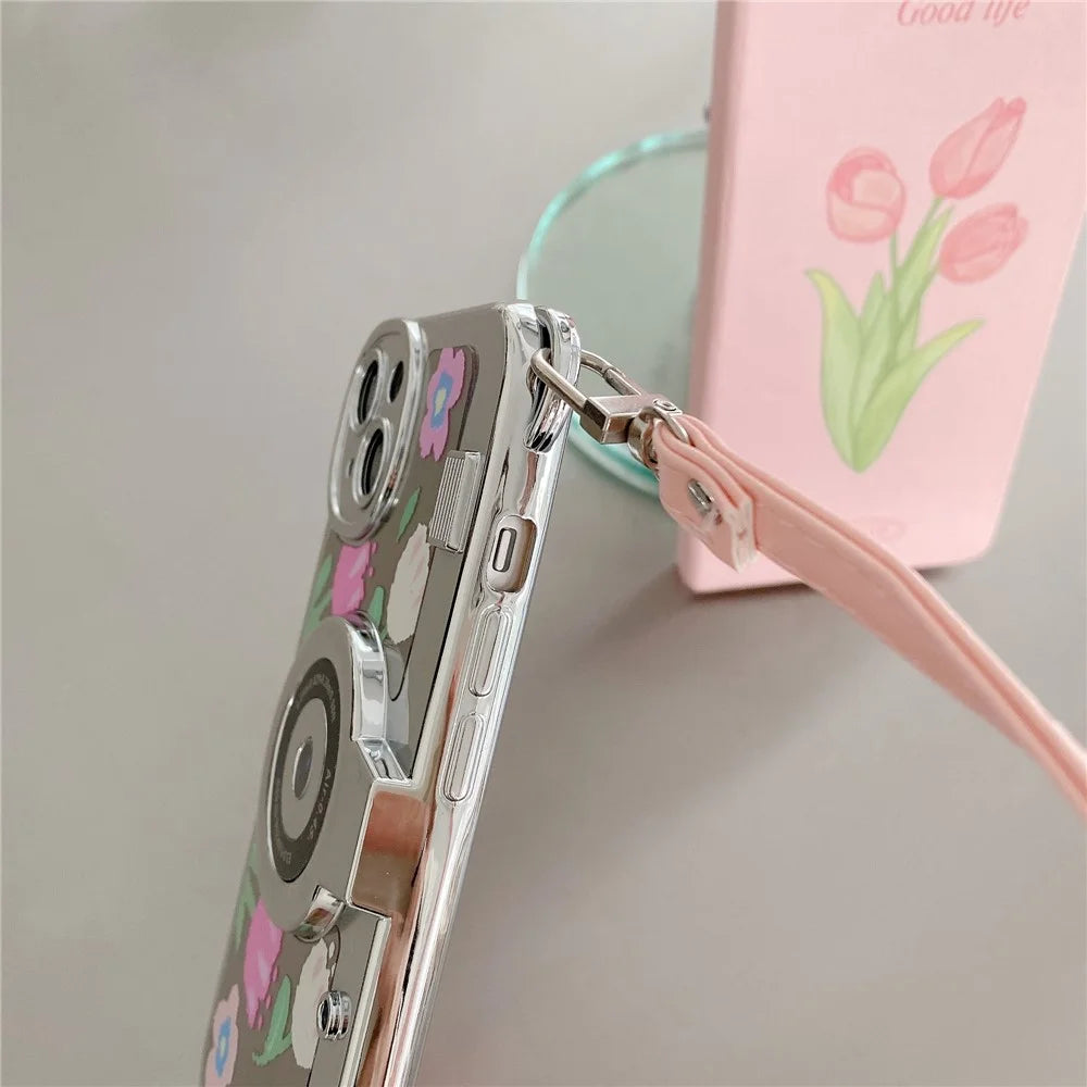 For iPhone 14 Plus Electroplating Cover Flower Pattern Camera Design TPU Phone Case with Tote Strap - Pink Flower - 5