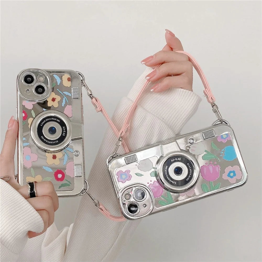 For iPhone 14 Plus Electroplating Cover Flower Pattern Camera Design TPU Phone Case with Tote Strap - Pink Flower - 7