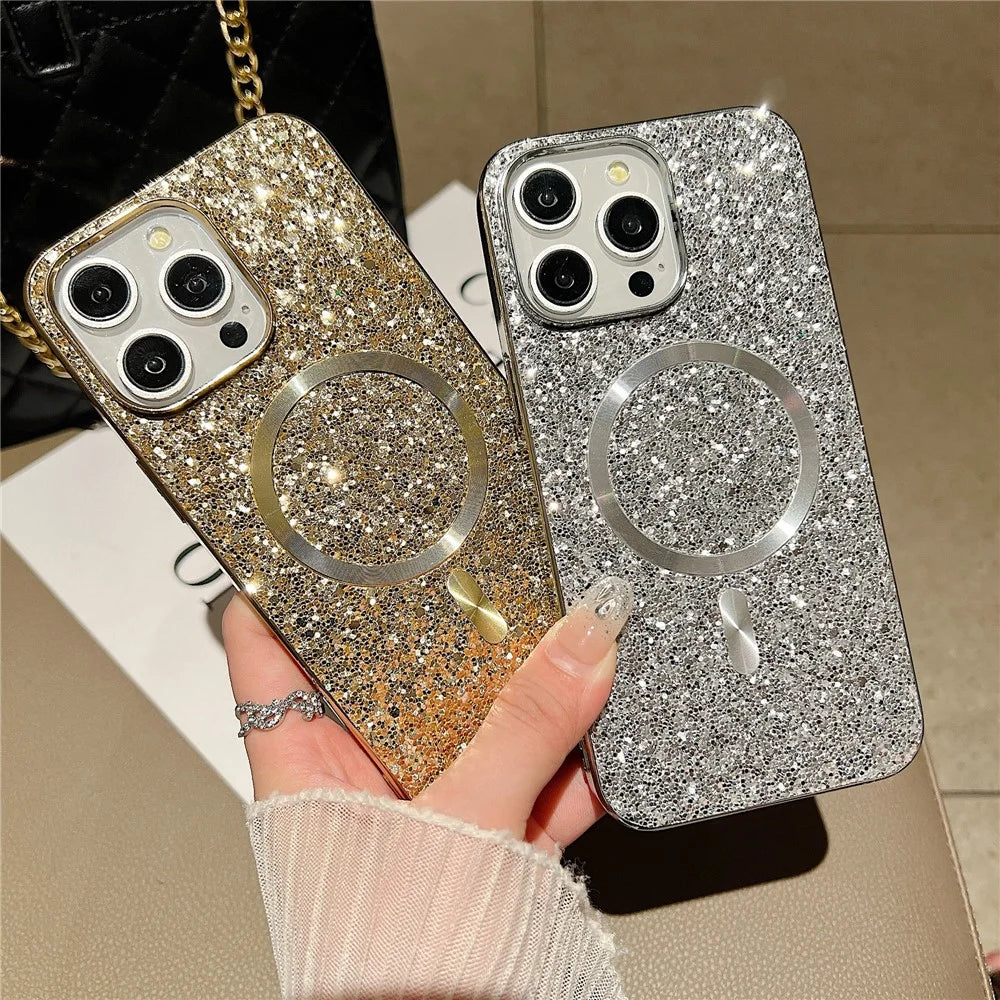For iPhone 13 Pro Magnetic Case TPU+PC Glitter Sparkling Electroplating Phone Cover - Silver - 4