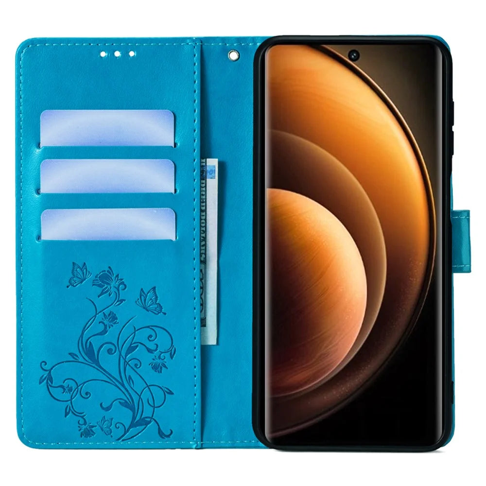 For vivo X100 5G Wallet Case Butterfly Imprinted PU Leather Wrist Strap Phone Cover - Blue - 2