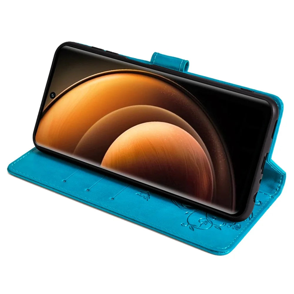 For vivo X100 5G Wallet Case Butterfly Imprinted PU Leather Wrist Strap Phone Cover - Blue - 3