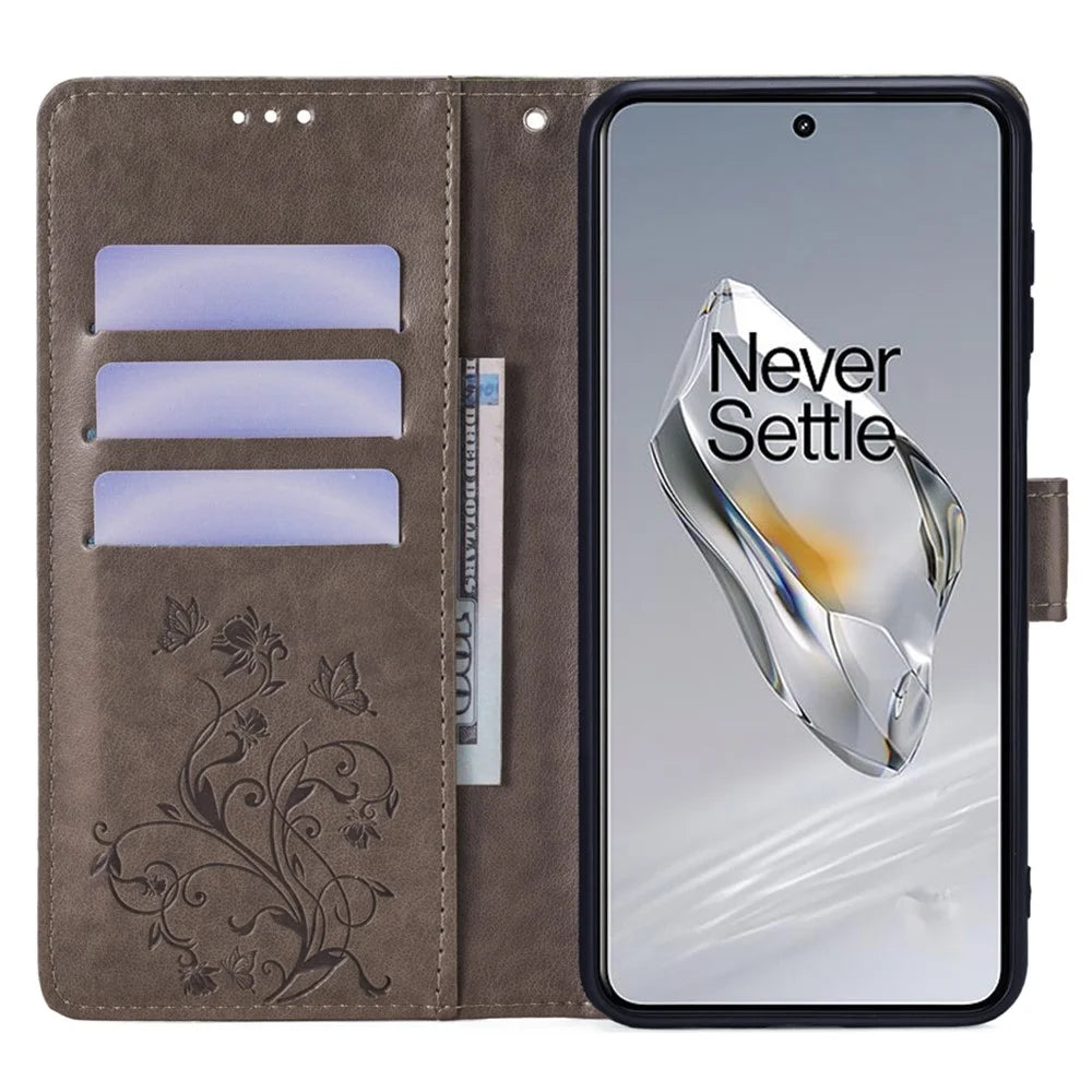 For OnePlus 12 5G Case Butterfly Flower Folding Stand Leather Cover Mobile   Accessories - Grey - 2