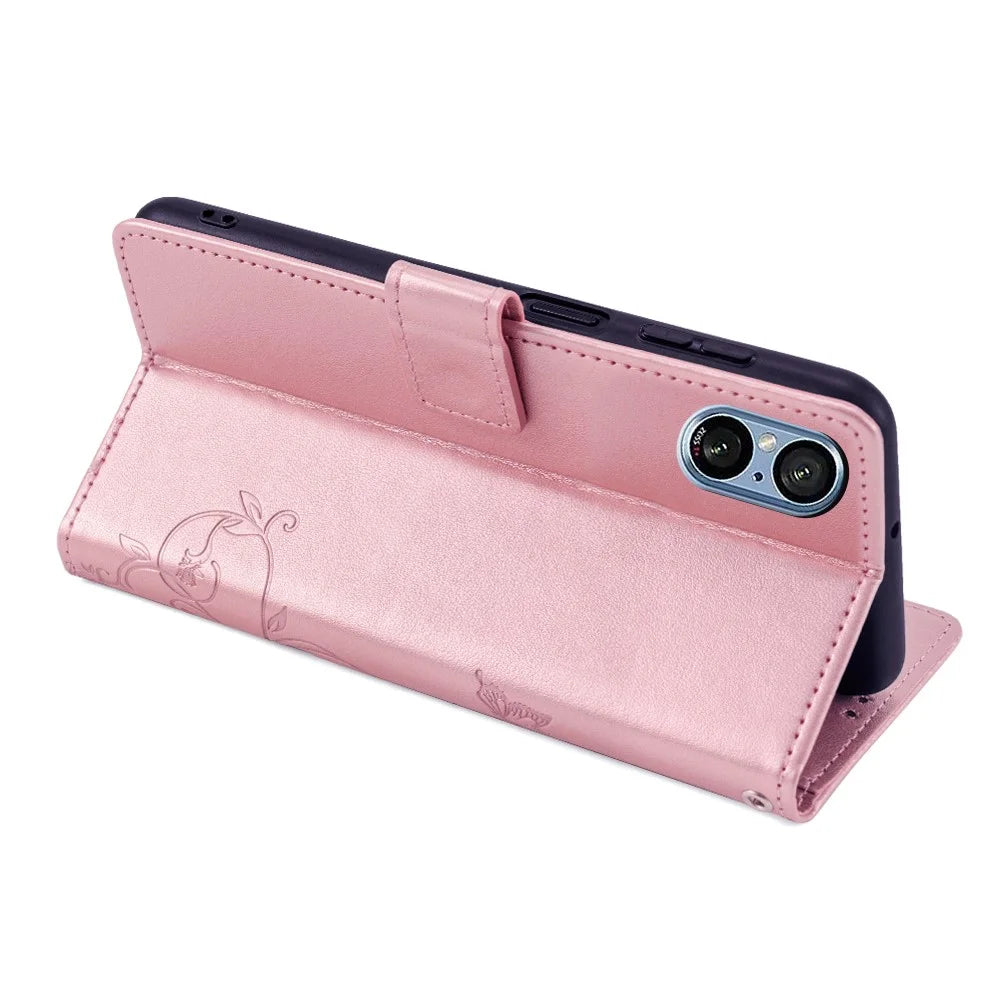 For Sony Xperia 5 V Mobile Phone Case   Butterfly Flower Folding Stand Leather Cover - Rose Gold - 4