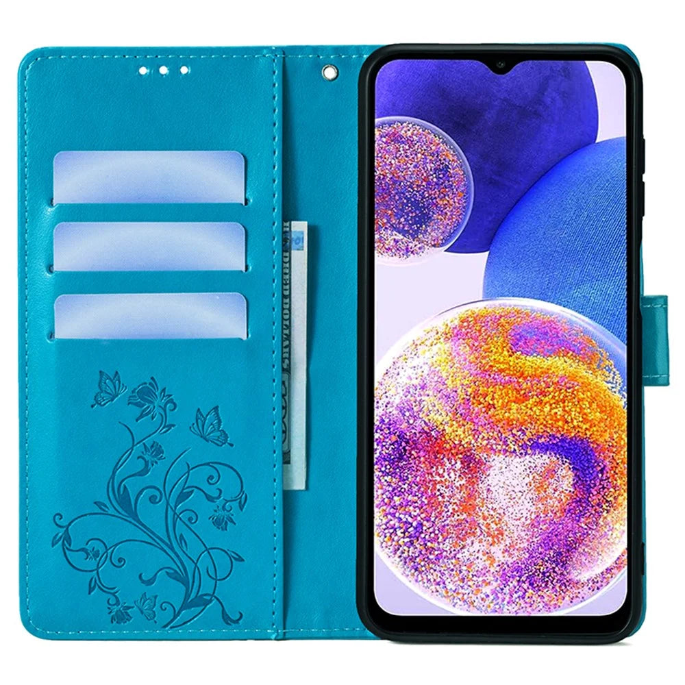 For Samsung Galaxy A23 4G / A23 5G (Global Version) Butterfly Flower Case PU Leather Phone Cover - Blue - 2