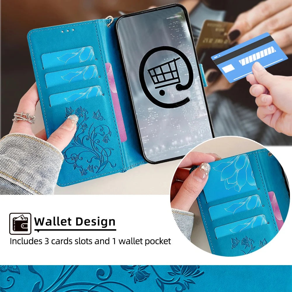 For Samsung Galaxy A23 4G / A23 5G (Global Version) Butterfly Flower Case PU Leather Phone Cover - Blue - 7
