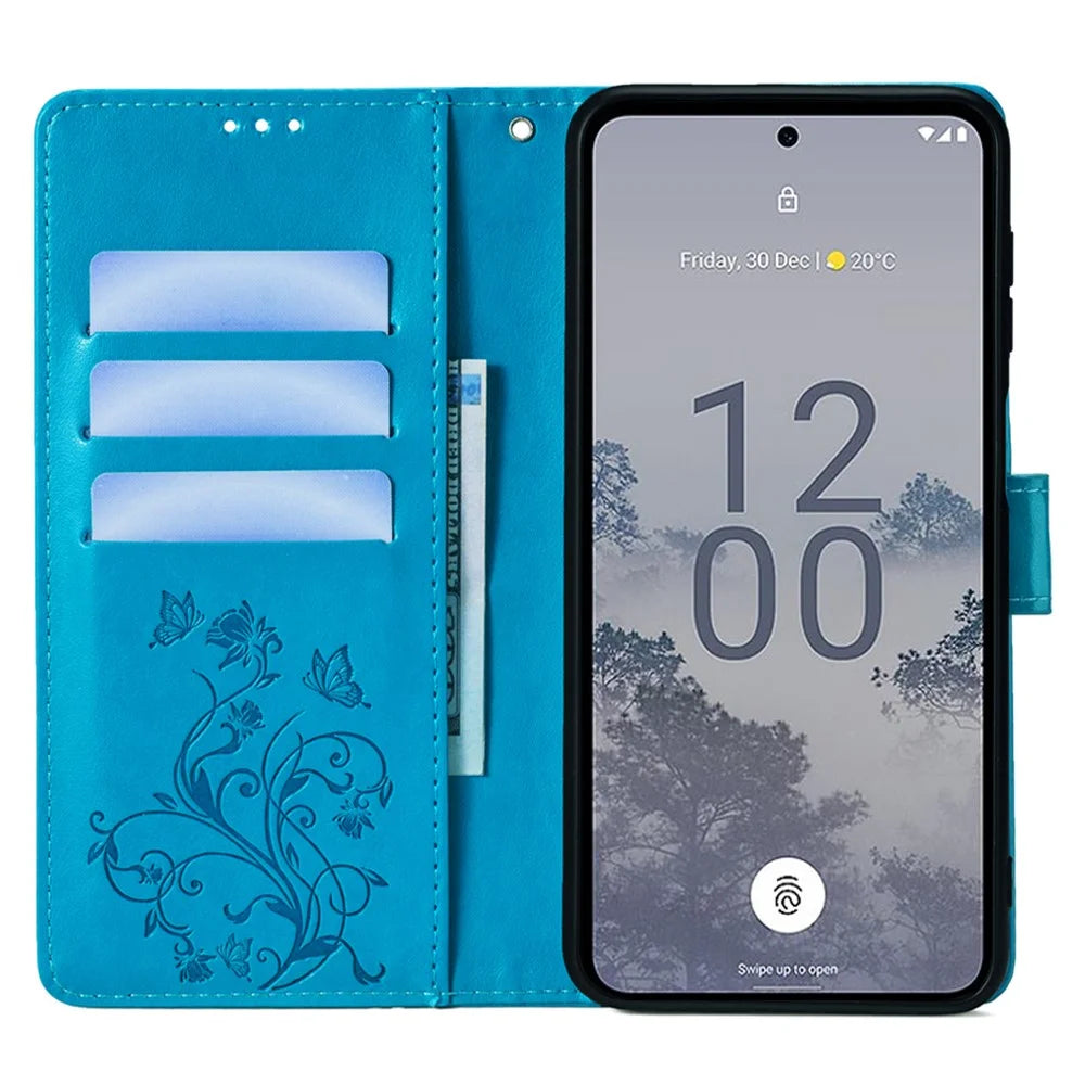 For Nokia X30 5G Case with Hand Strap Wallet Flip PU Leather Butterfly Flower Phone Cover - Blue - 2
