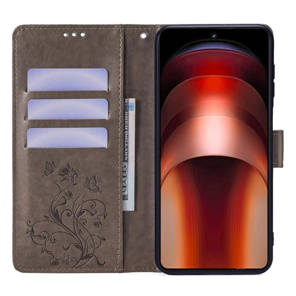 For vivo iQOO Neo9 5G / Neo9 Pro 5G Case PU Leather Butterfly Floral Flip Stand Phone Cover - Grey - 2